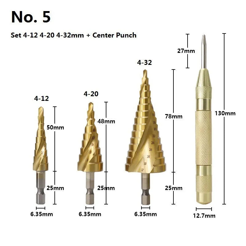 Step drill bit and centre punch set in high speed steel with colour-coded options for metalworking