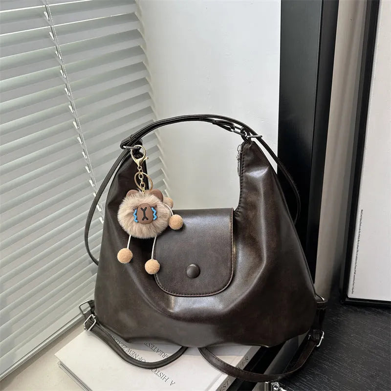 Women's black PU leather single shoulder bag with horizontal square design and large capacity