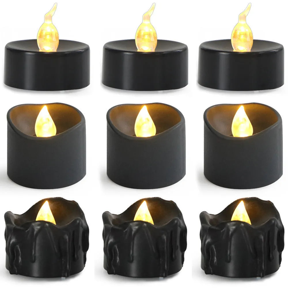 Black plastic concave LED candle with yellow flash effect, pack of 12 electronic wax candles for Christmas decor