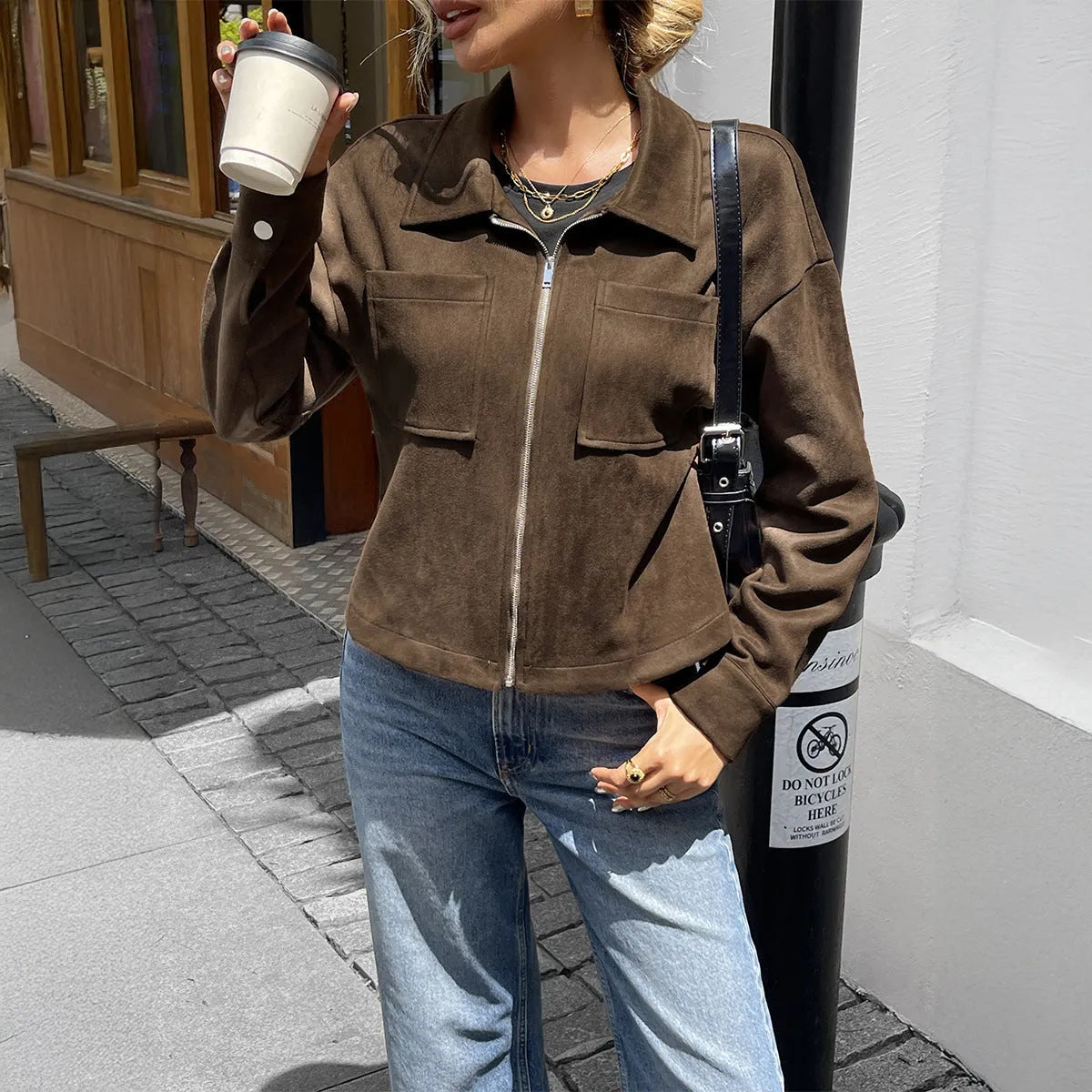 Women's turn-down collar long sleeve jacket coat in brown polyester fabric