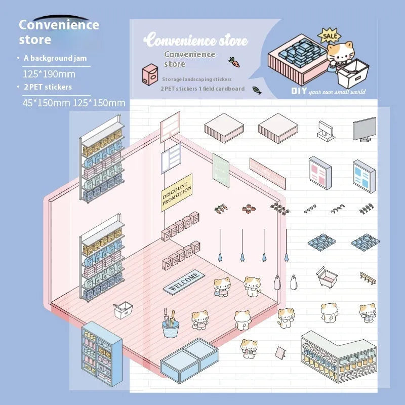 Capabala pre-cut PET cartoon sticker sheet in themes like pink restaurant and green bookstore.