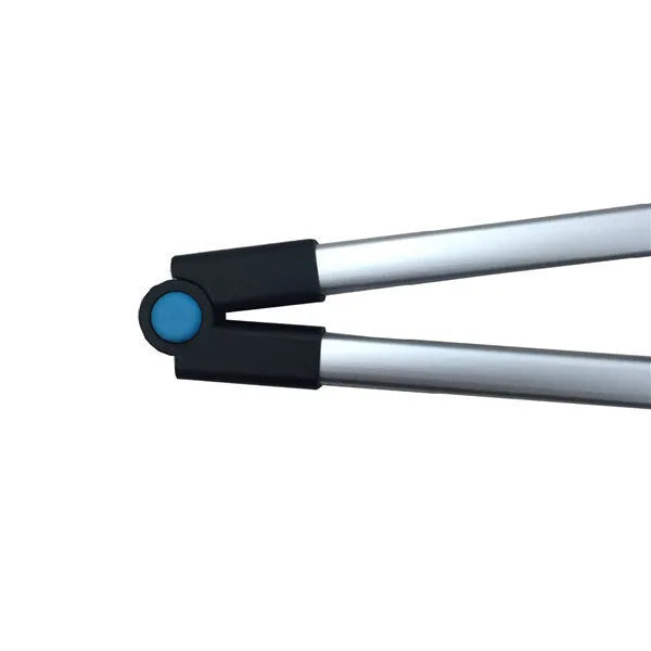Blue foldable aluminium walking stick with a TPR foam grip, shown both extended and folded.