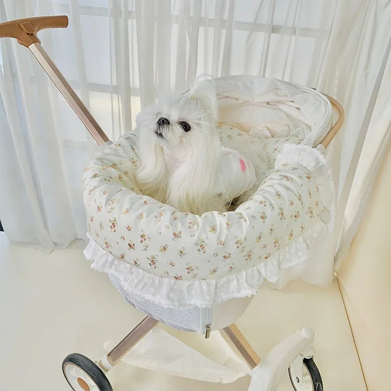 Pet stroller three-piece set showing removable cotton towel, cushion and pillow for cats and dogs