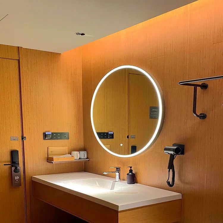 Round black frame aluminium LED bathroom mirror with wall mounting and touch dimming control