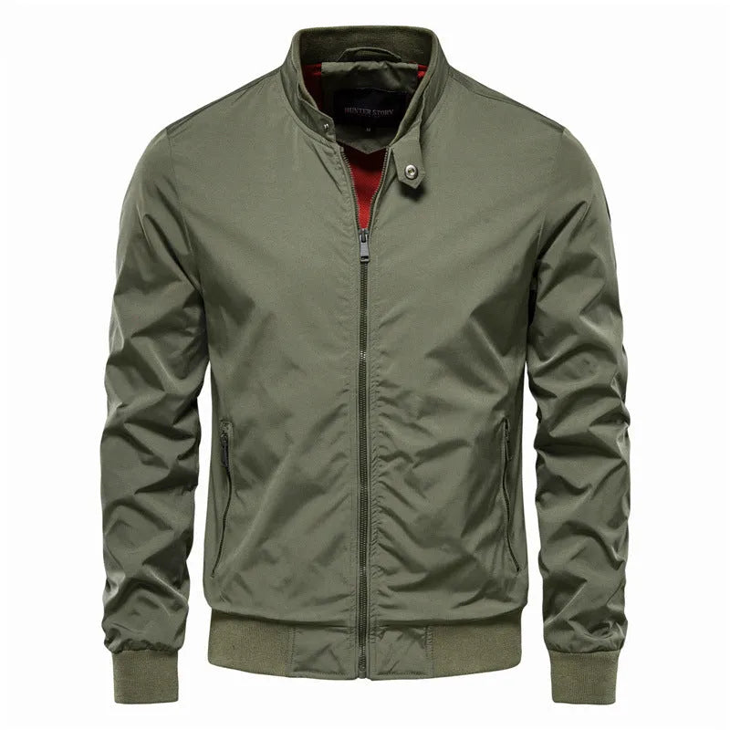 Men's thin solid colour casual jacket in polyester, shown in army green, dark blue, and black.