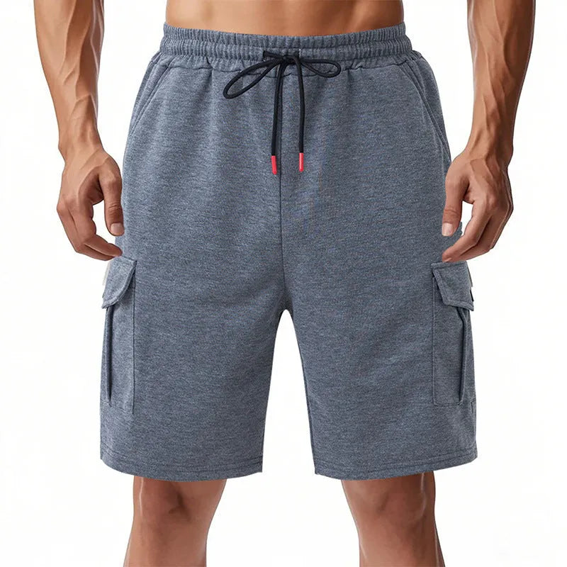 Heavy loose sports cargo shorts in towel terry fabric with multiple pockets in light grey colour
