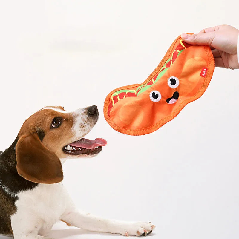 Hamburger shaped crinkle and squeak dog toy with no stuffing for safe interactive play
