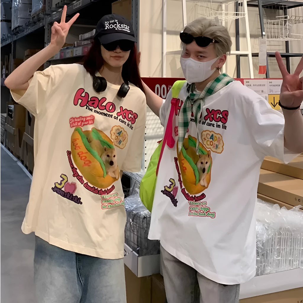 Cartoon hamburger dog printed loose fit cotton T-shirt in white colour