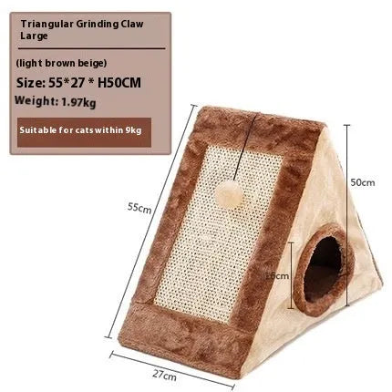 Triangle-shaped cat scratching post with sisal surfaces and integrated plate fur cushion bed