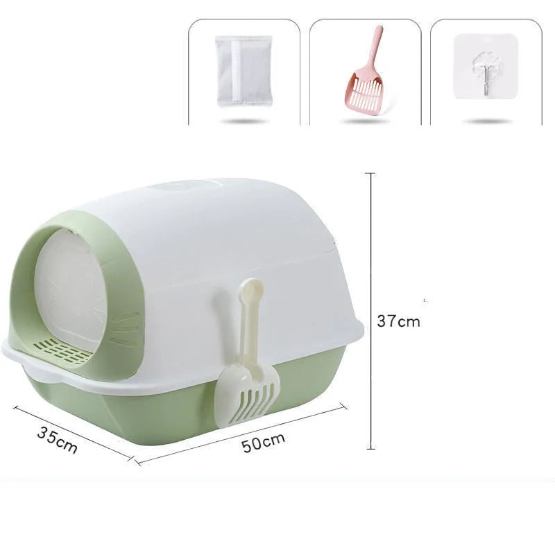 Elevated semi-closed cat litter box with flip cover in grey purple, includes shovel and deodorant bag