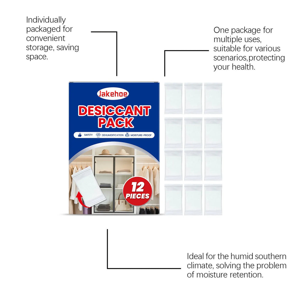 Pack of twelve white calcium chloride desiccant bags for household moisture control.