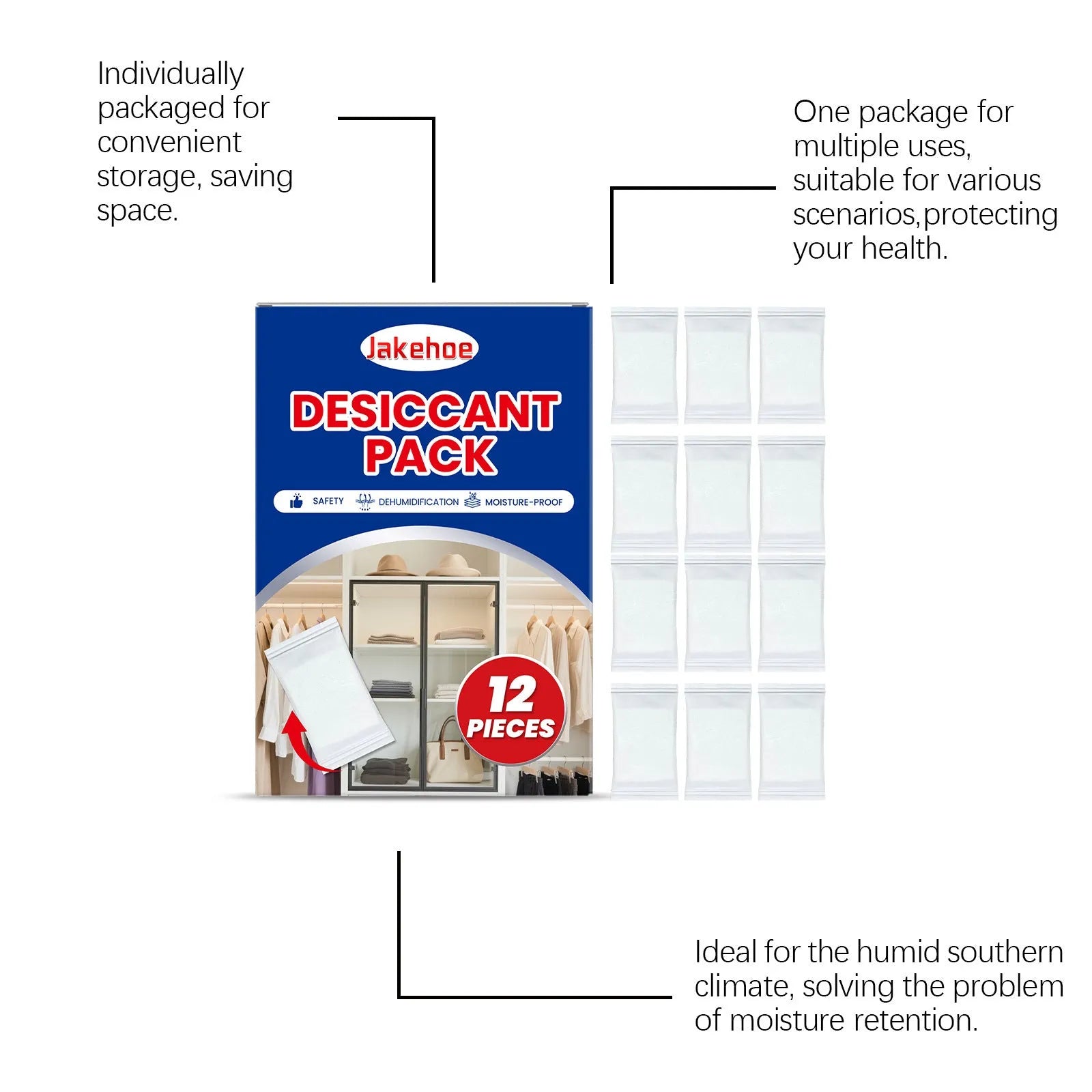 Pack of twelve white calcium chloride desiccant bags for household moisture control.
