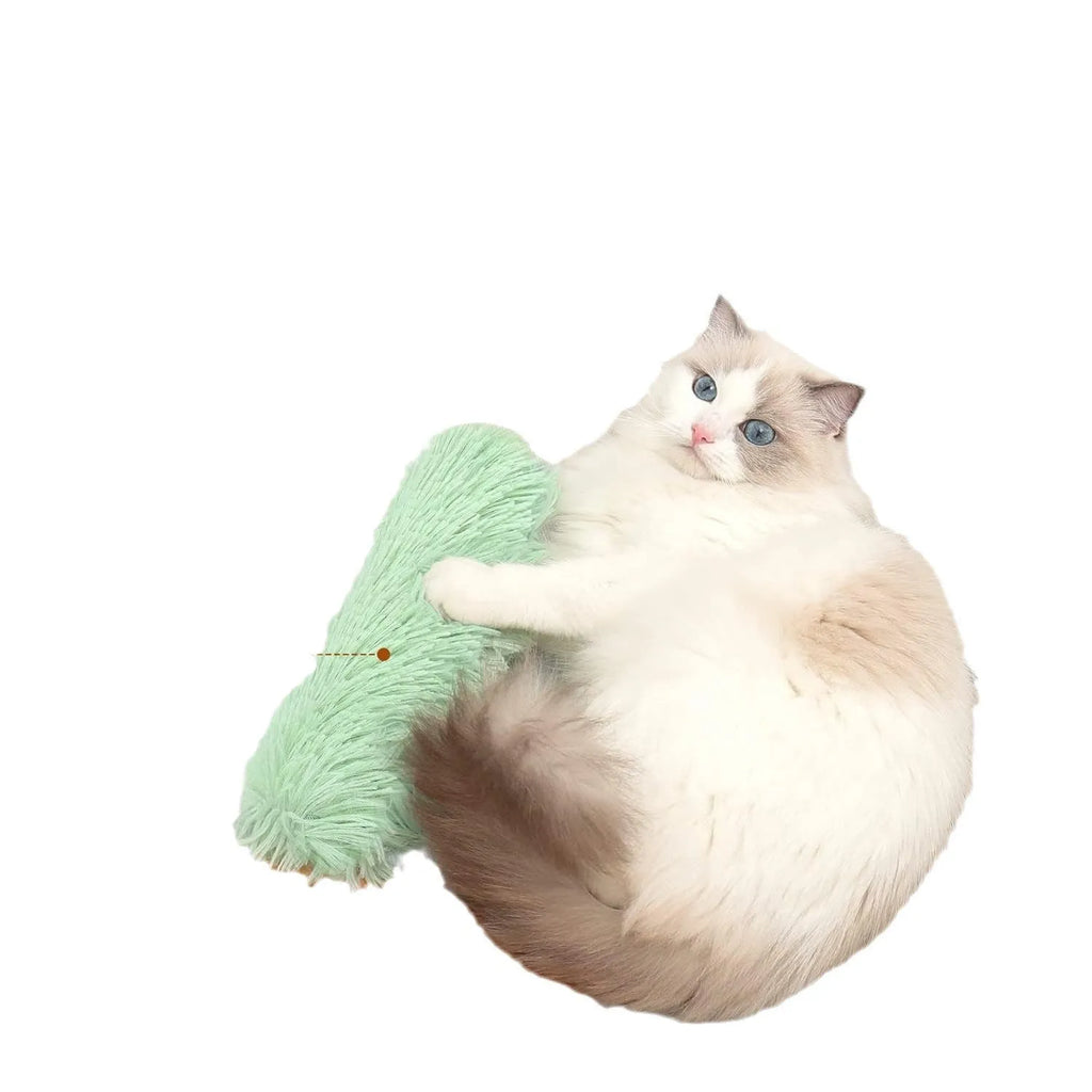 A blue plush cat toy pillow measuring 27cm long on a white background.