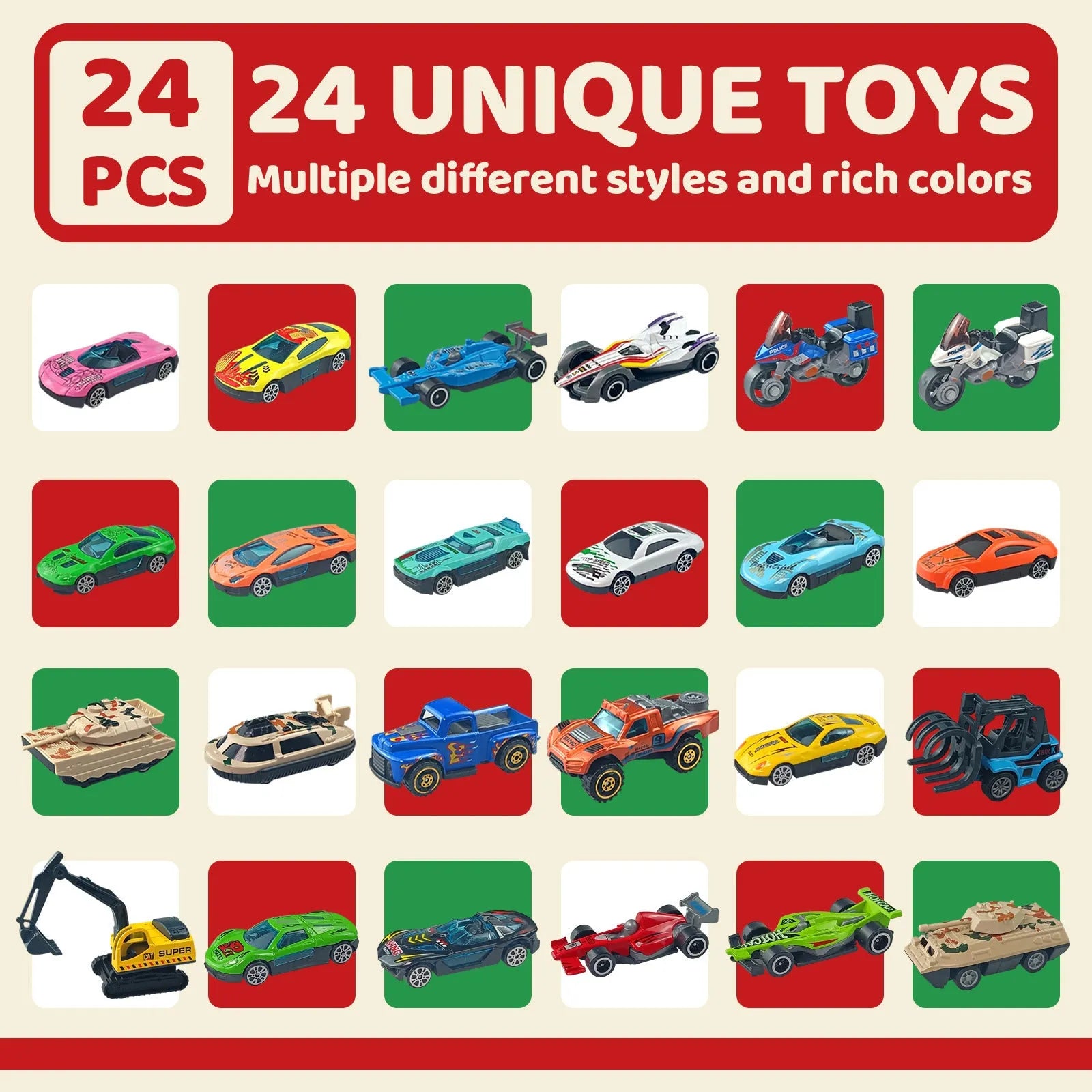 Christmas advent calendar blind box with 24 alloy car model toys, sliding function, colour SZ303, for children 4-6