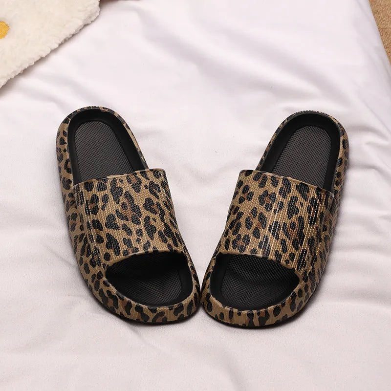 Leopard print slippers with thick EVA sole in black, pink, khaki, and white zebra patterns for women's indoor outdoor summer wear