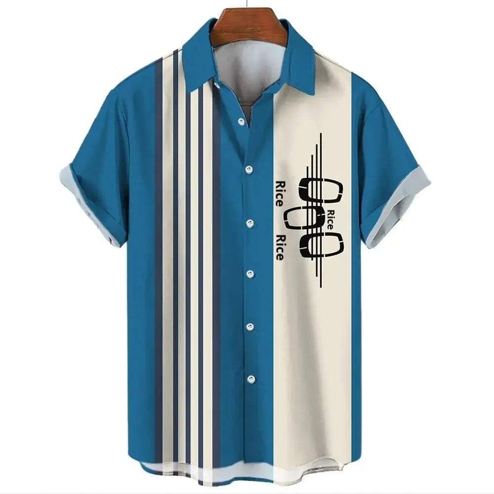 Men's stripe pattern Hawaiian shirt with short sleeves and elastic band construction