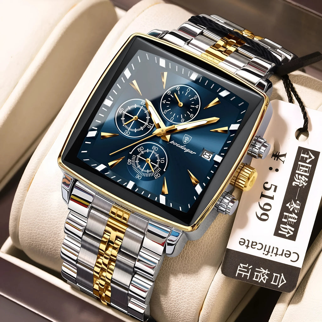 Square men's business quartz watch with stainless steel band and butterfly buckle in gold and blue colour combination.