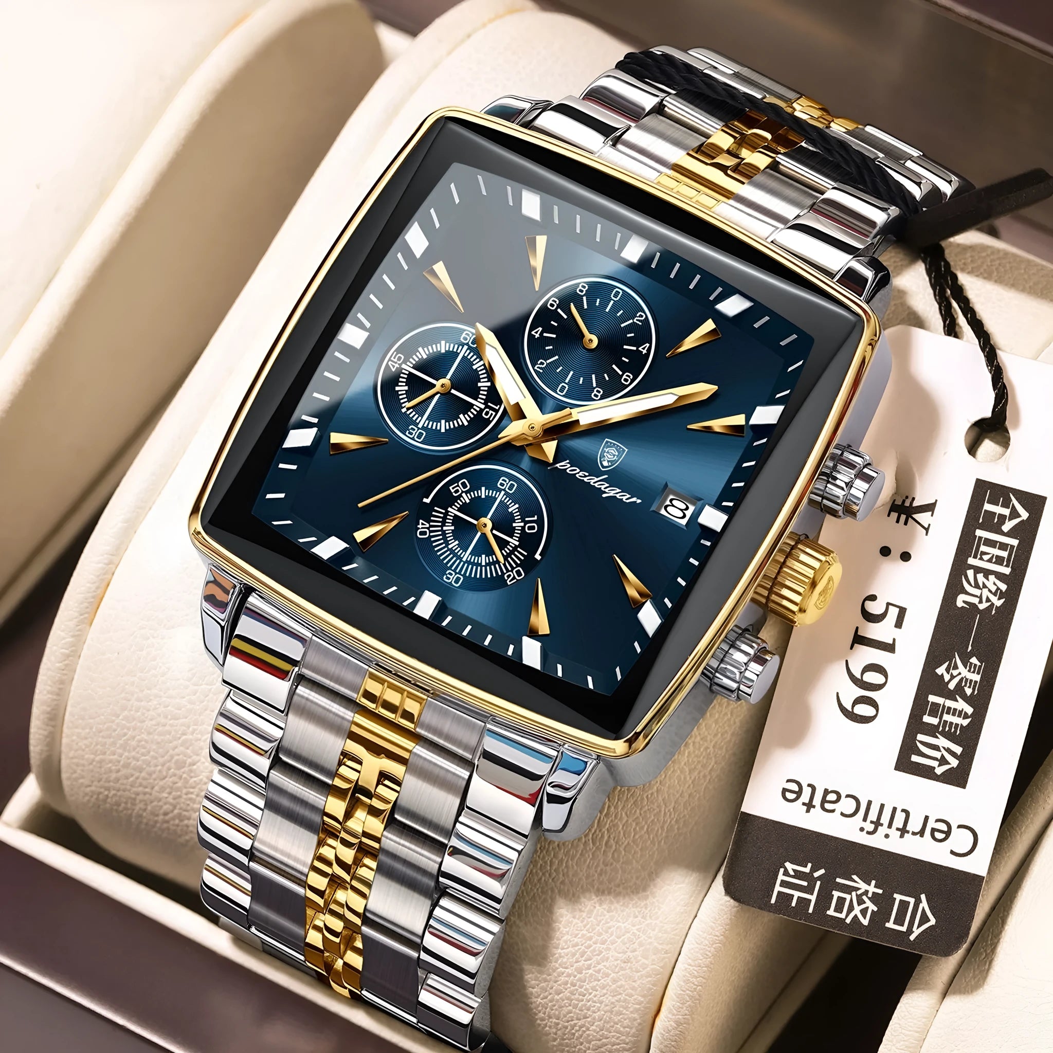 Square men's business quartz watch with stainless steel band and butterfly buckle in gold and blue colour combination.