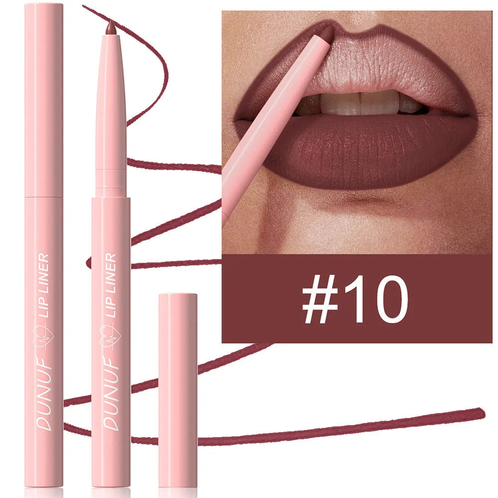 A single velvet matte lip liner pencil shown with a swatch of its colour, representing one of 12 available shades.