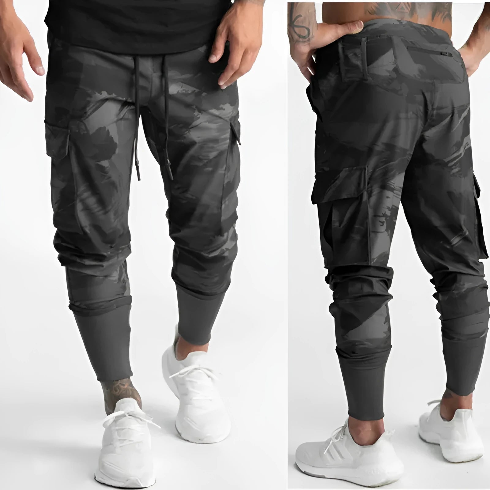Men's loose woven fitness leggings in camouflage, moisture wicking nylon lining, available in multiple sizes