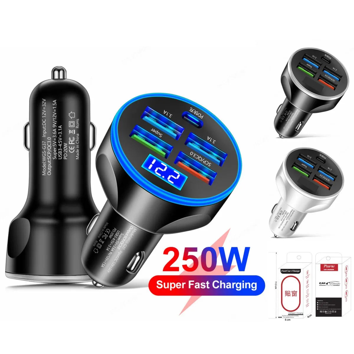 Digital display five-in-one car charger with super fast charge port, compact PC body, black and white colour options, 4cm by 4cm by 7cm size.