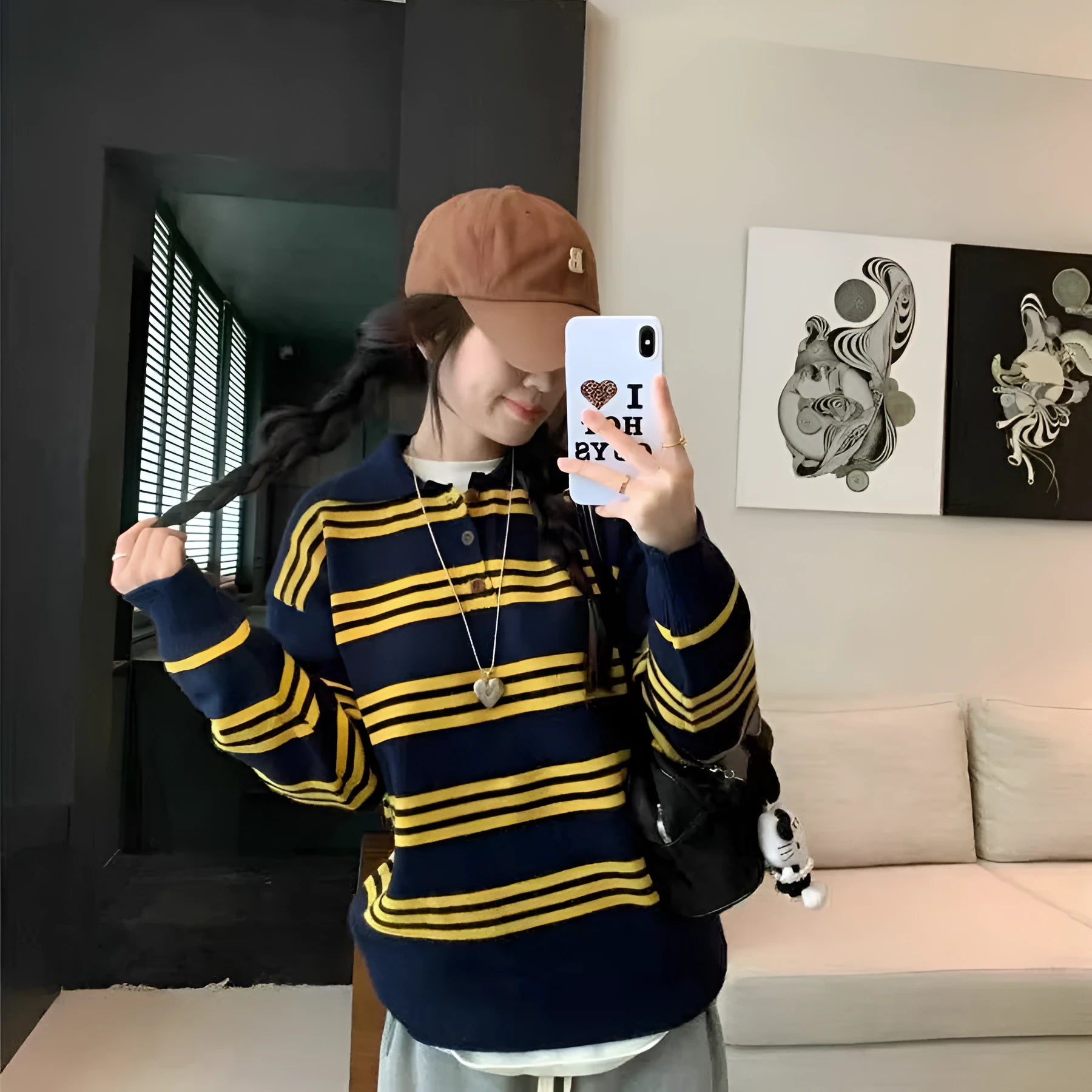 Yellow striped loose sweater for women with long sleeves, pullover design, polyester fabric