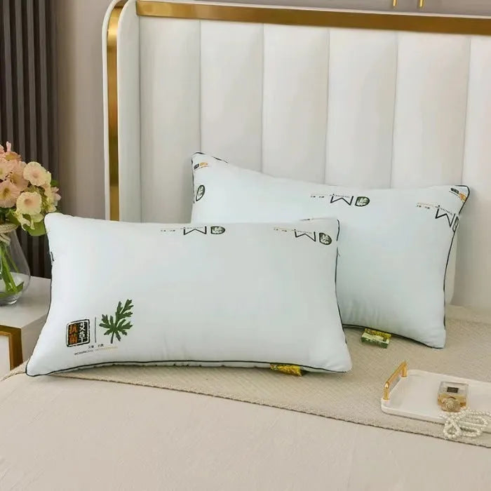 Polyester pillow core in blue, grey, or white, showing size options 48x74cm and 42x70cm with varying fill weights.