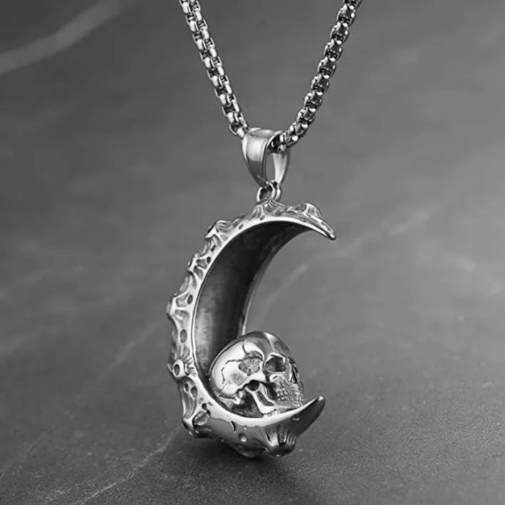 Men's stainless steel skull necklace with electroplated silver finish showing six pendant design options
