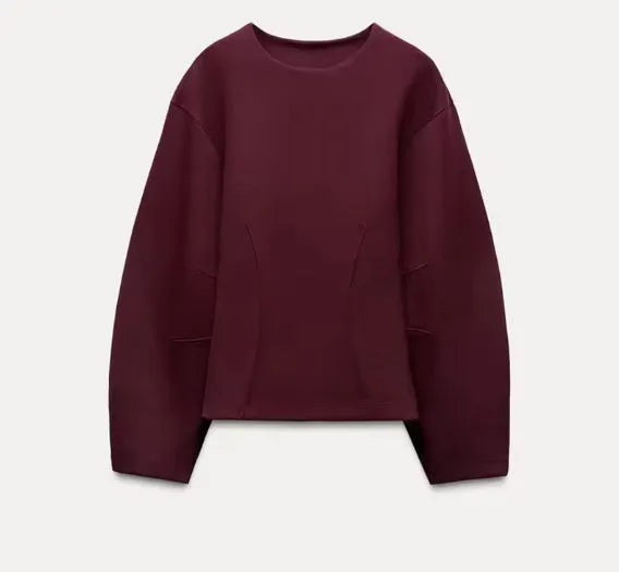 Women's fleece two-piece suit with pleated top and wide-leg trousers in black, grey, apricot or wine red