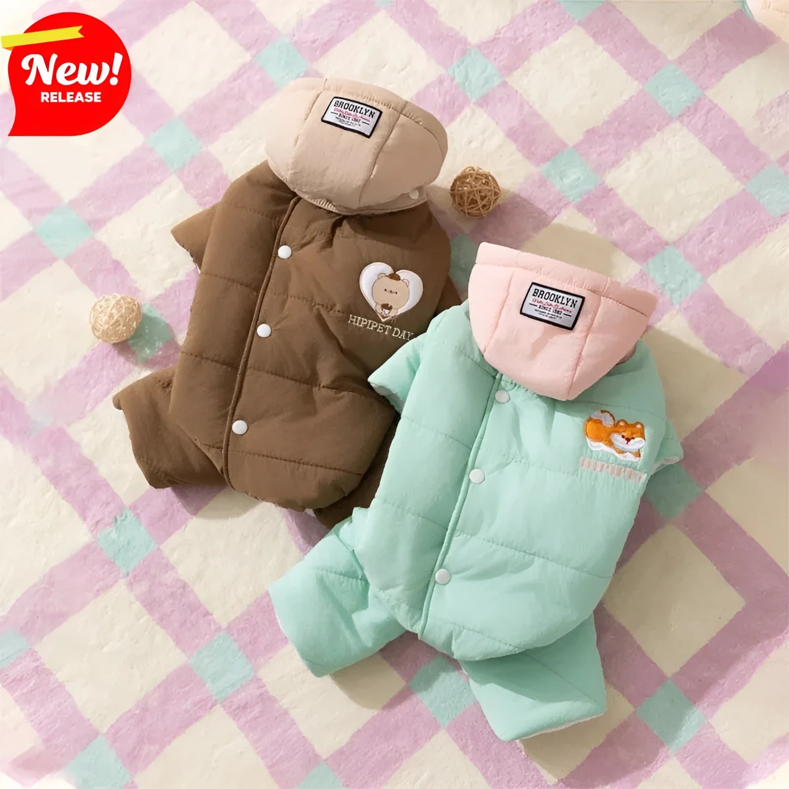 Autumn winter corgi dog clothes with removable cap, thick cotton four-legged jumpsuit in brown with bear embroidery