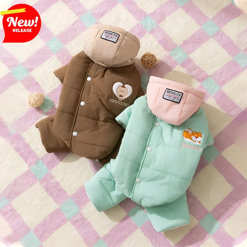 Autumn winter corgi dog clothes with removable cap, thick cotton four-legged jumpsuit in brown with bear embroidery