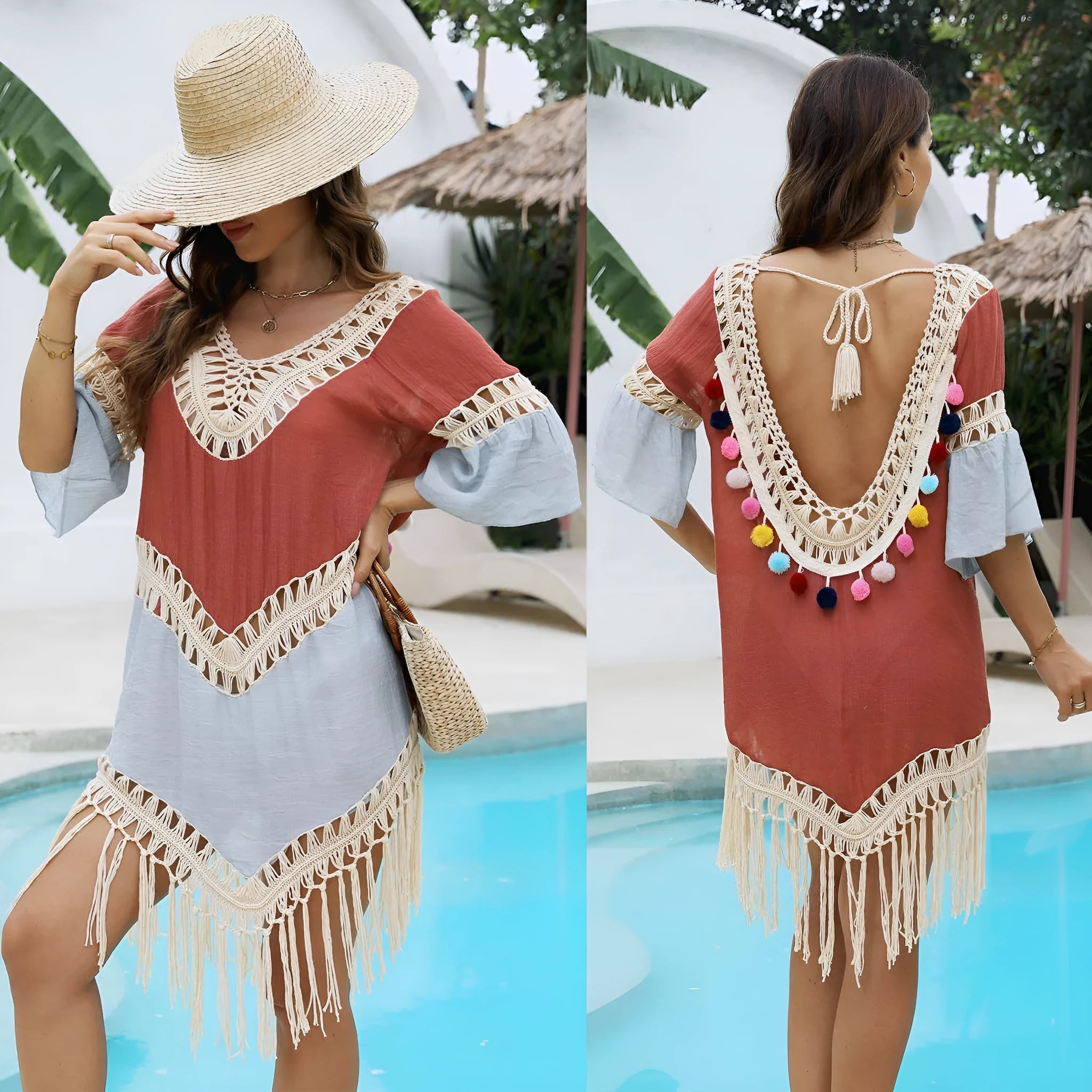 Orange beach overskirt with hand crochet stitching and bamboo cotton tassels, floral pattern polyester fabric