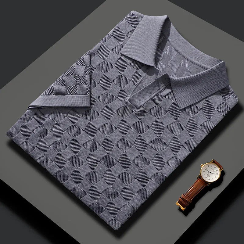 Men's short sleeve lapels sweater in mulberry silk with Jacquard knit and business casual styling