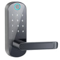Smart Bluetooth fingerprint door lock in black or silver finish mounted on a wooden door.
