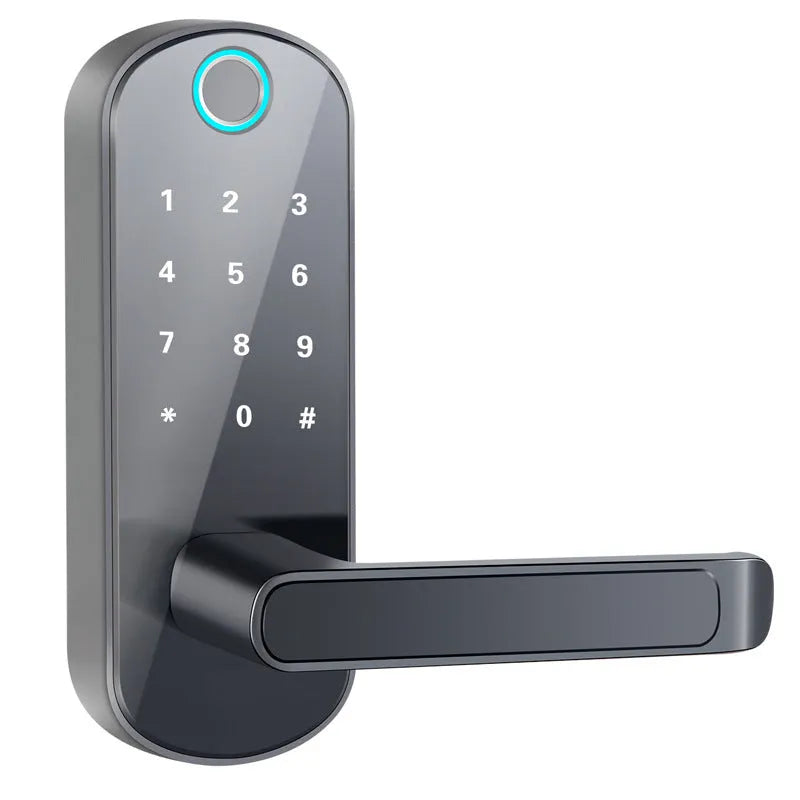Smart Bluetooth fingerprint door lock in black or silver finish mounted on a wooden door.