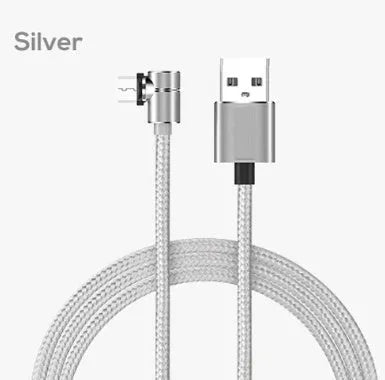 Black L-shaped magnetic charging cable with aluminium connectors for Micro USB, Lightning, and Type-C phones.