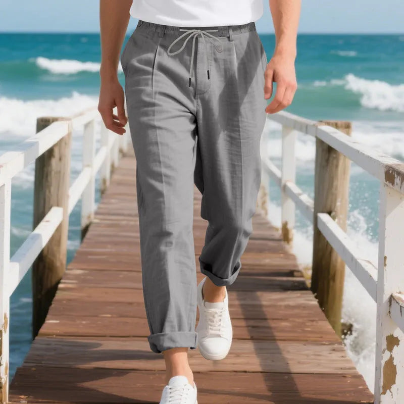 Men's linen straight leg trousers in army green with drawstring waist