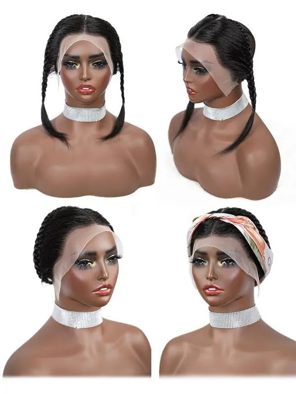 10-inch black lace frontal pre-braided wig with bangs headband style