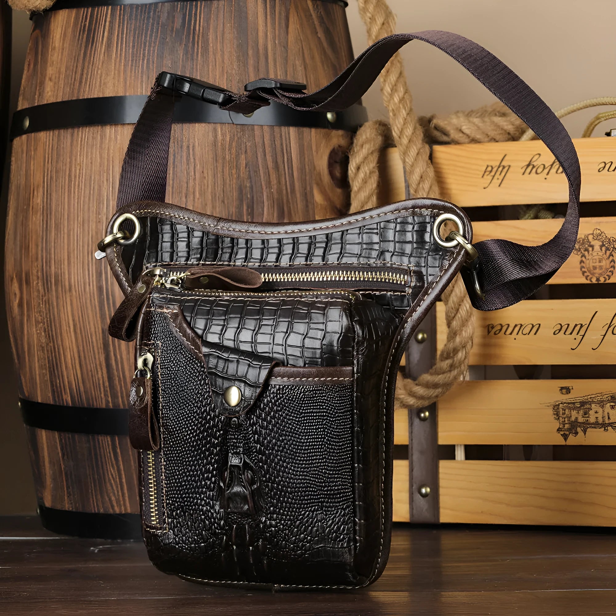 Men's genuine leather leg bag Crazy Horse Coffee colour first layer cowhide outdoor sports crossbody bag