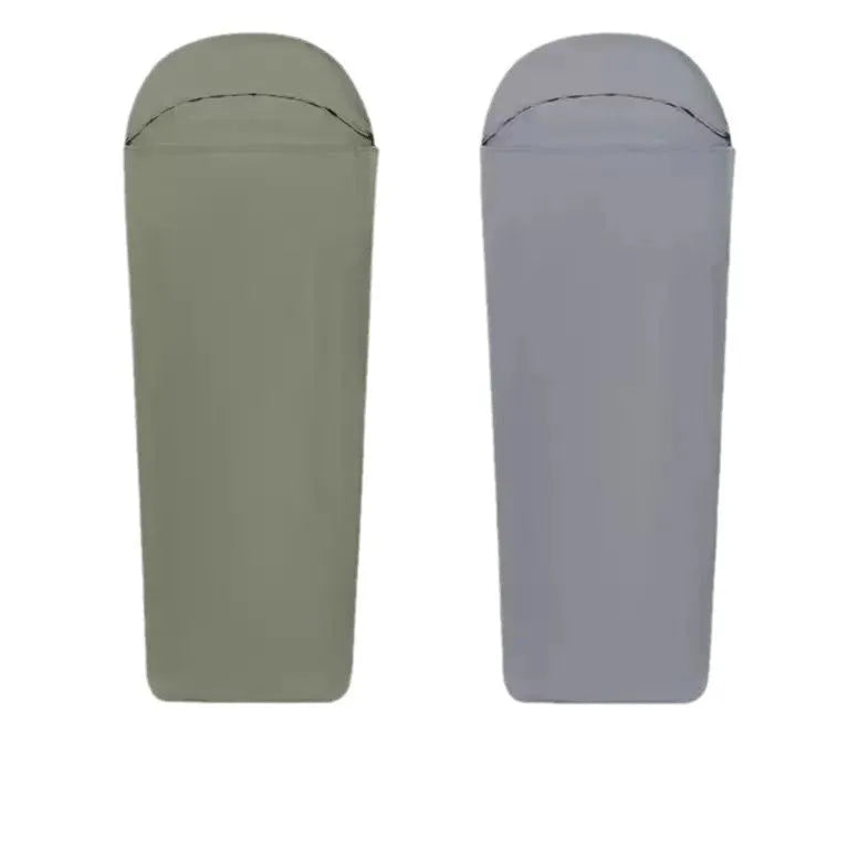 Blue adult mummy-style nylon camping sleeping bag laid out, showing its dimensions.
