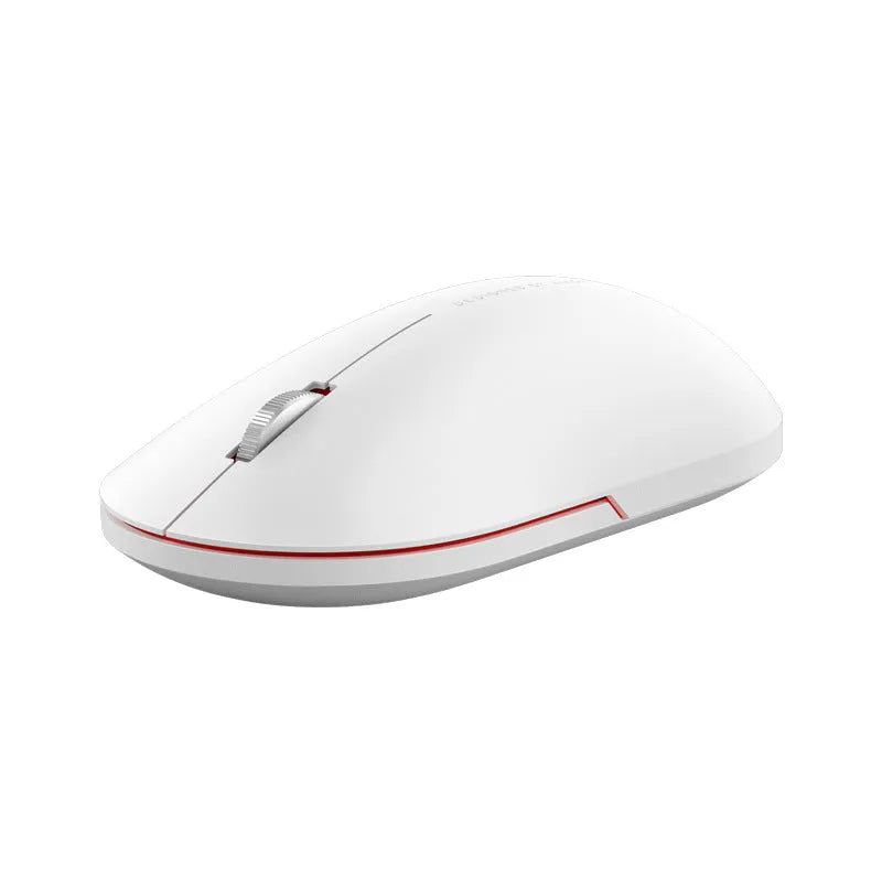 Ultra-thin grey wireless mouse with touch wheel and two buttons on plain background