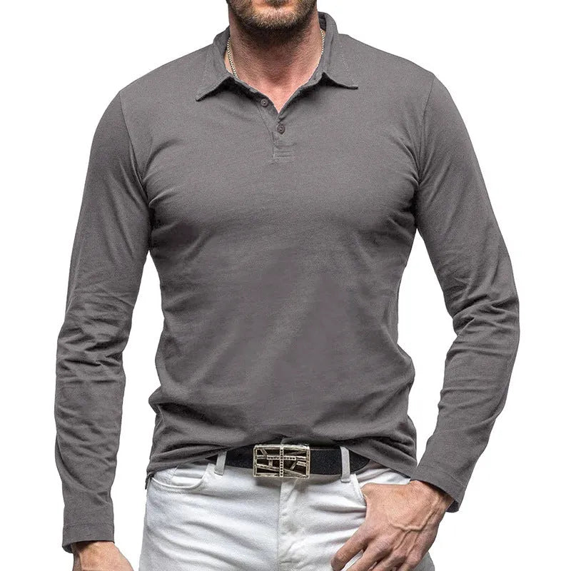 Men's long sleeve polo collar cotton T-shirt in American retro style shown in dark grey