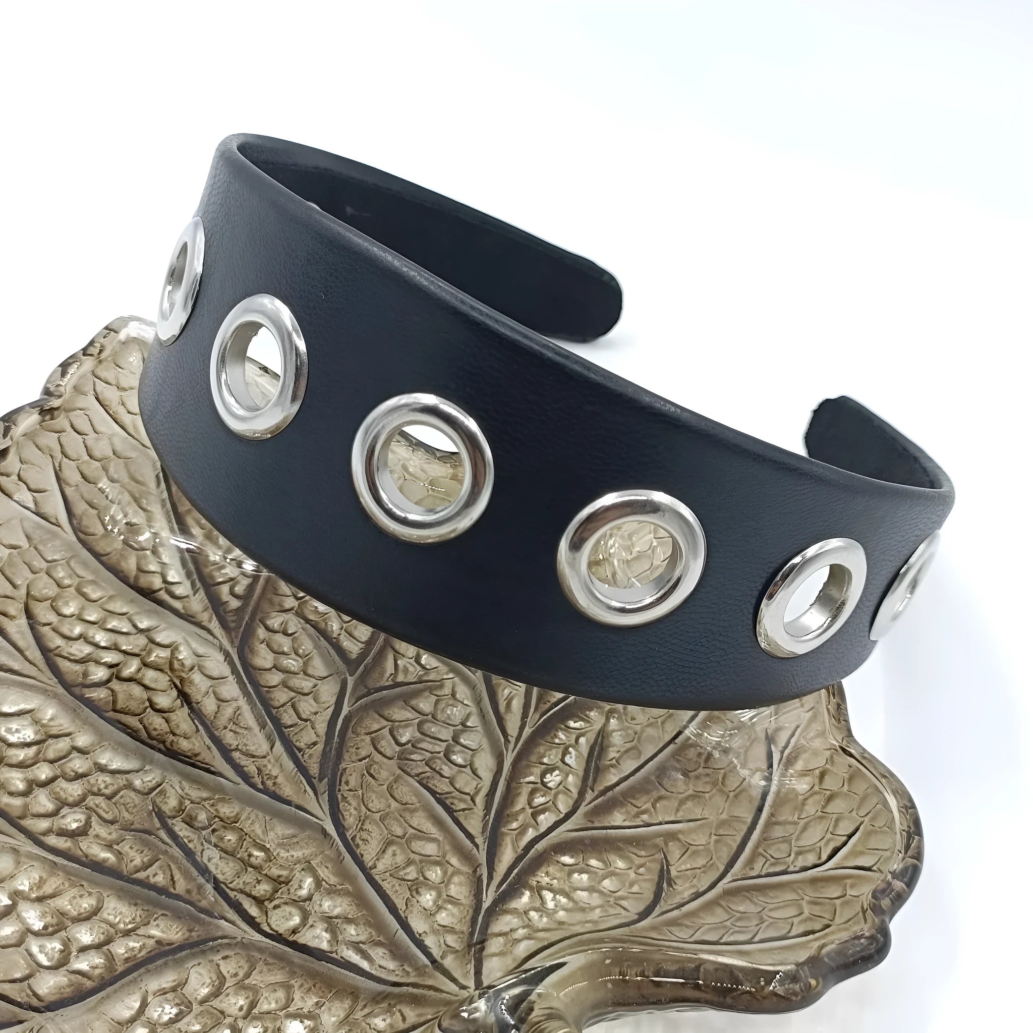 Black wide handmade artificial leather headband with round and square rivets