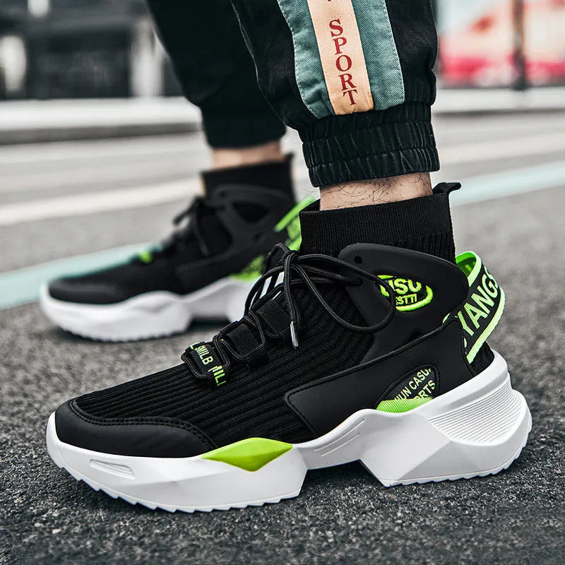 Men's flying knit basketball shoes breathable mesh upper plastic sole back tie closure black
