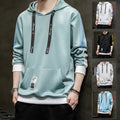 Men's casual printed loose long sleeve hooded top in polyester, available in black, white, gray, lake blue, mist blue sizes M-4XL.