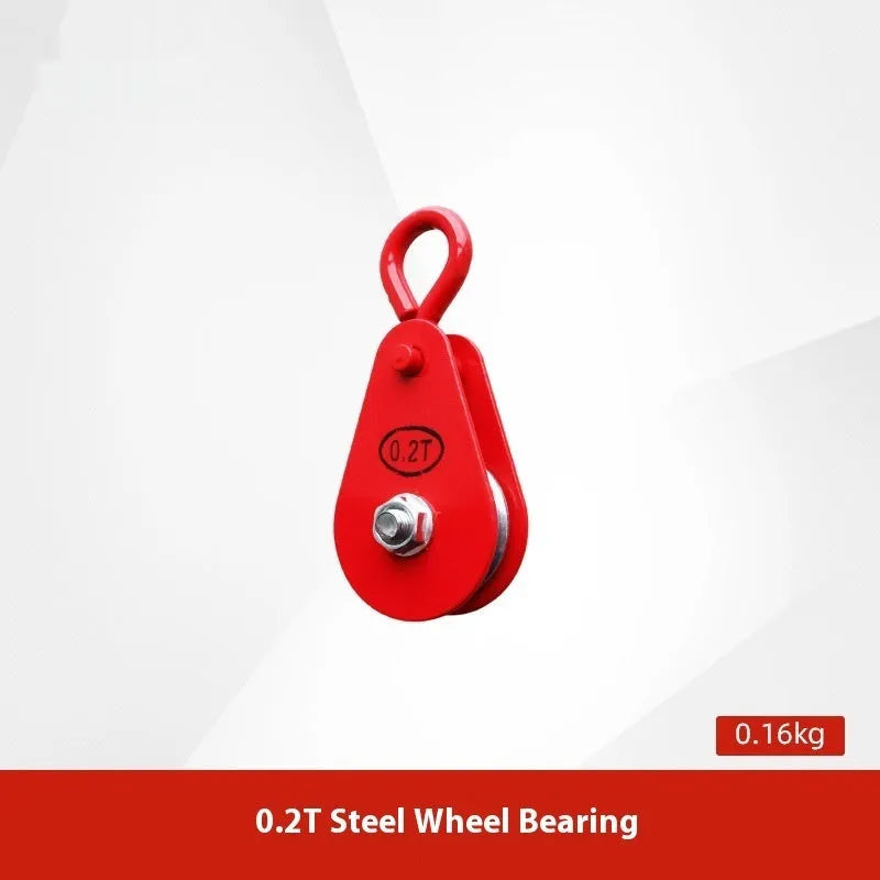 Red industrial lifting pulley with a forged steel safety hook and single wire rope wheel.