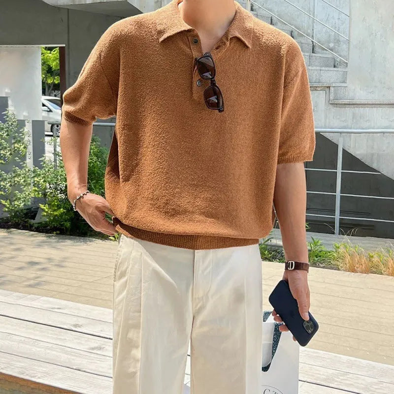 Men's caramel coloured retro knitted polo shirt with short sleeves and asymmetrical design detail