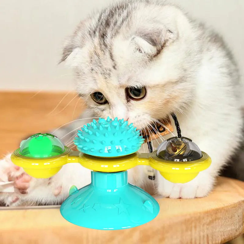 Cat rotating windmill toy with suction base on floor, two transparent bins, luminous ball, teeth grinding function, blue yellow green colour
