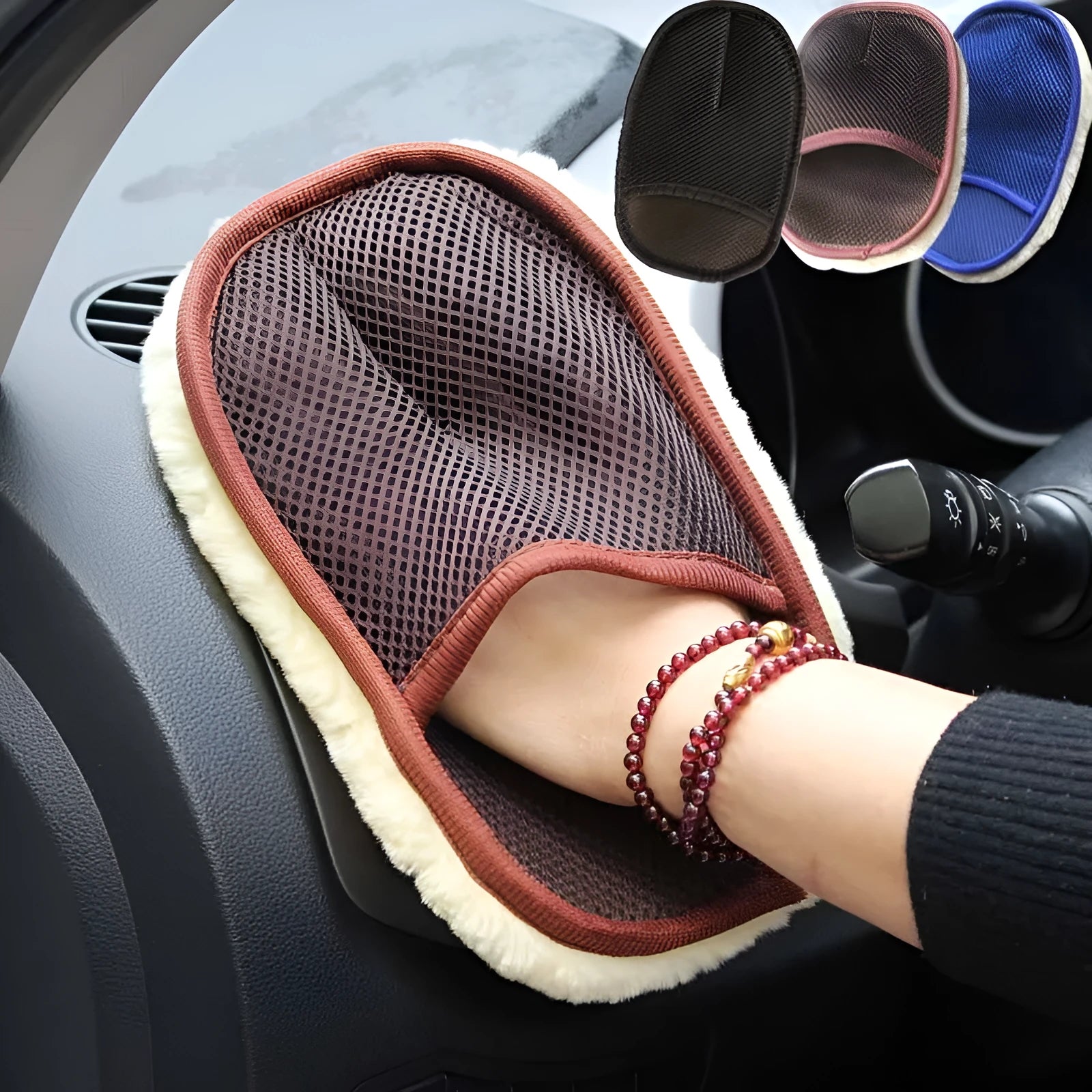 Pair of soft artificial wool car wash cleaning gloves in black, 15x24cm, on a car surface
