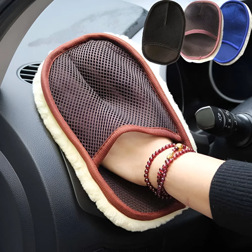 Pair of soft artificial wool car wash cleaning gloves in black, 15x24cm, on a car surface